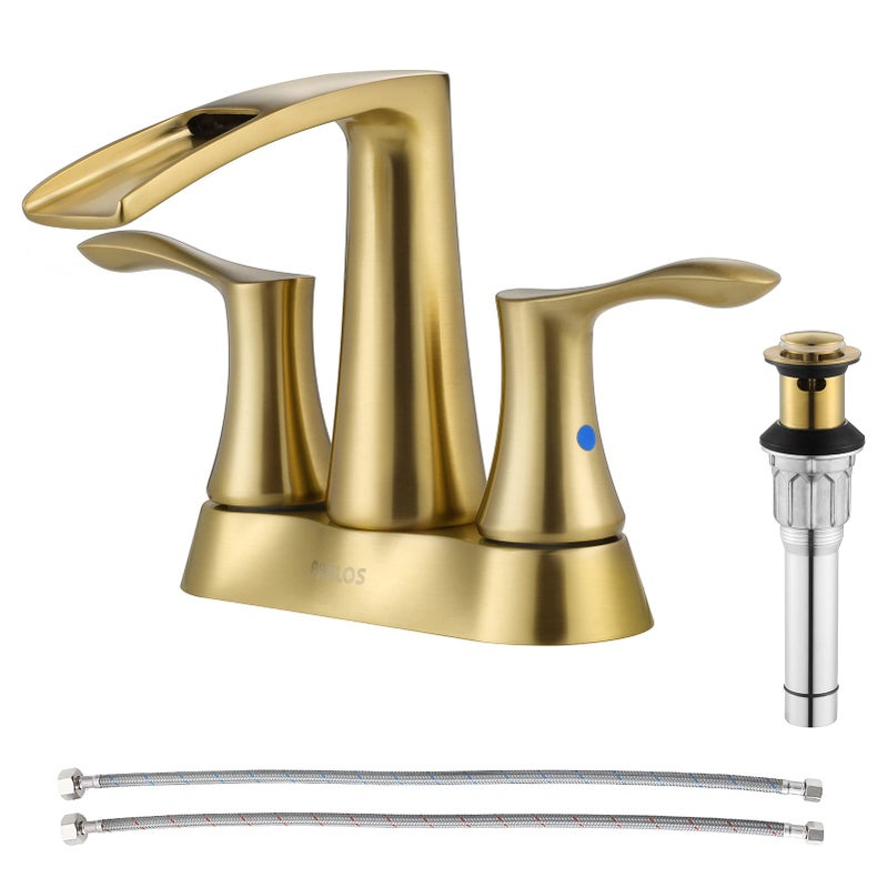 PARLOS 2 Handles Waterfall Bathroom Faucet with Pop-up Drain and Faucet Supply Lines, Brushed Gold, Demeter 1431708 - Image 1